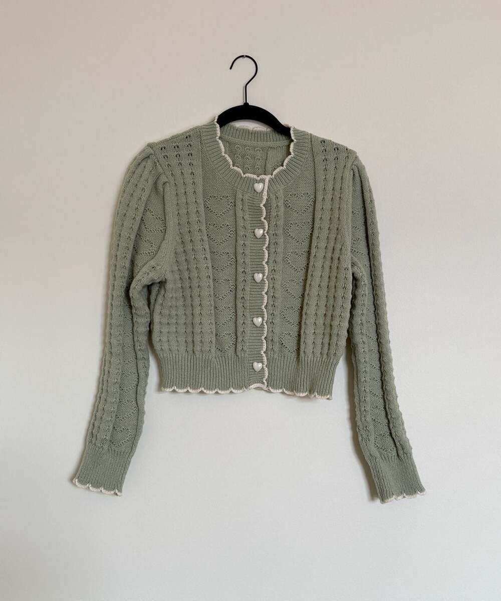 Sage Green Cropped Knit Cardigan with Heart Buttons Sz M
